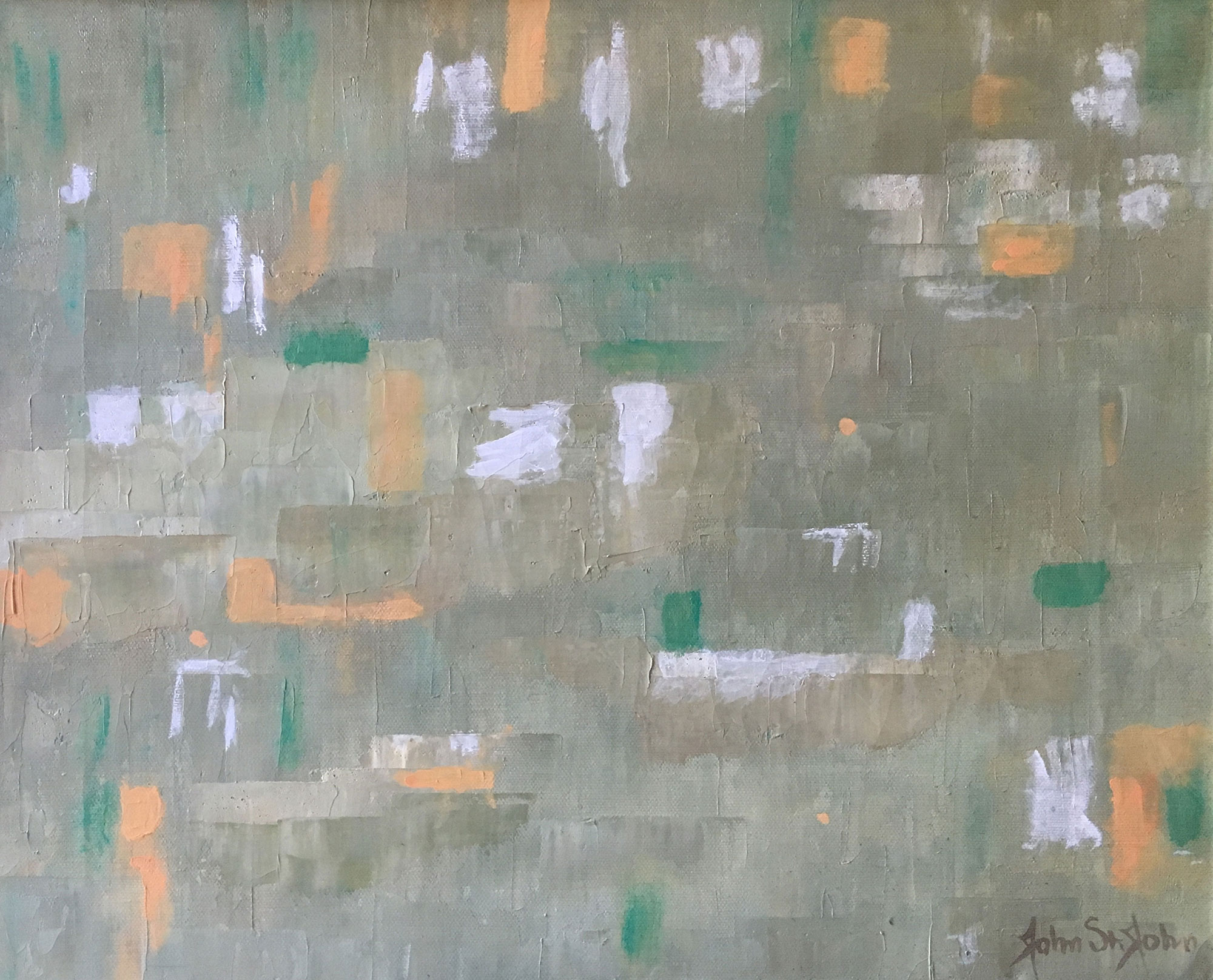 impressionist painting orange green and white blotches on gray background